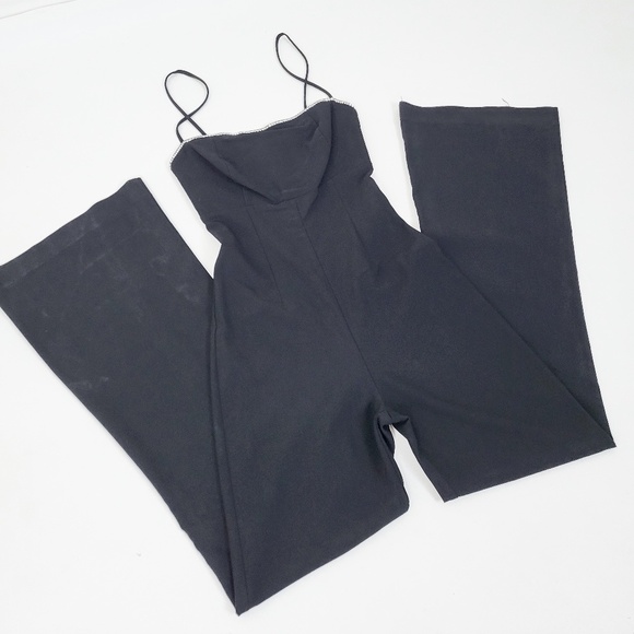 Y2K Rhinestone Flared Jumpsuit Spaghetti Straps Square neckline bell bottoms - Picture 6 of 16